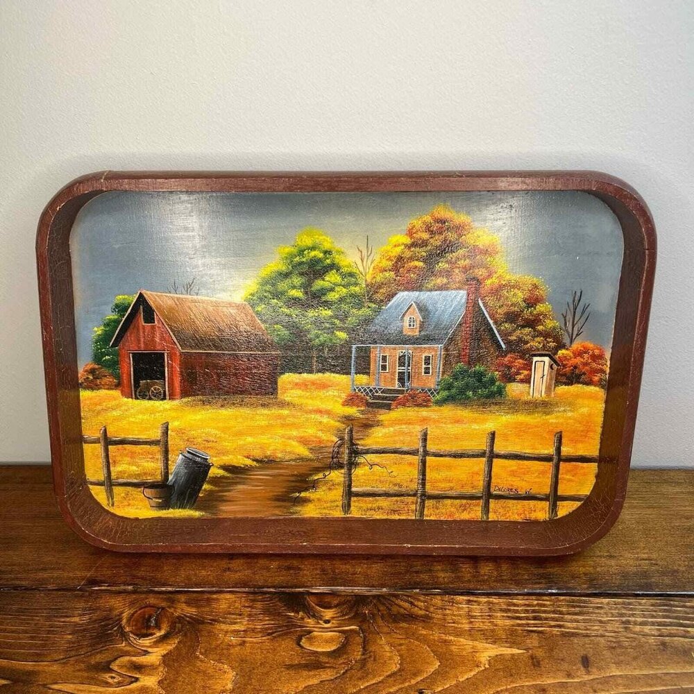 Hand painted Art Barn Autumn Trees House Decorative wooden serving tray